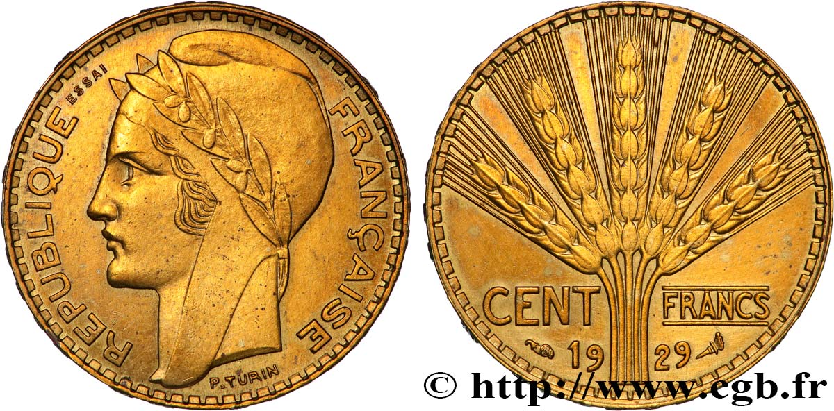 Concours de 100 francs or, essai de Turin en bronze-aluminium 1929 Paris GEM.283 4 AU 