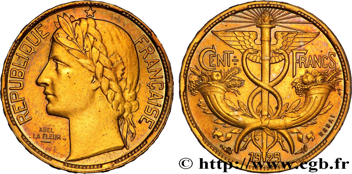 Concours de 100 francs or, essai de La Fleur en bronze-aluminium 1929 Paris GEM.281 4 SUP+ 