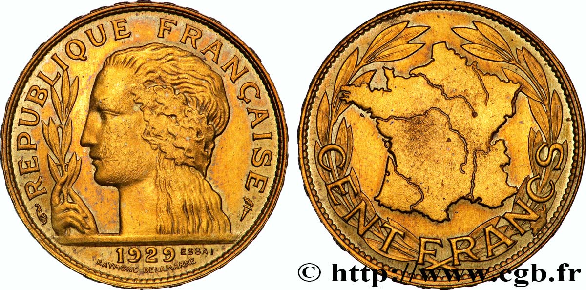 Concours de 100 francs or, essai de Delamarre en bronze-aluminium 1929 Paris GEM.279 4 SUP 