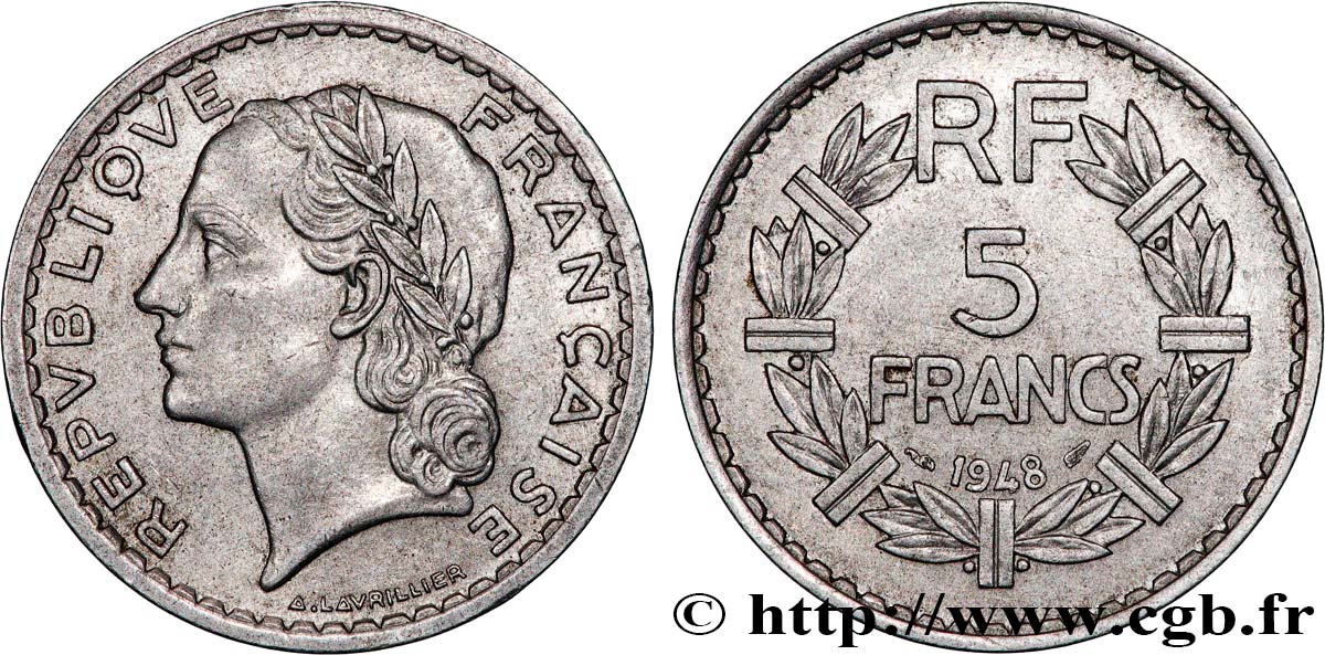 5 francs Lavrillier, aluminium, 9 fermé 1948  F.339/14 q.SPL 