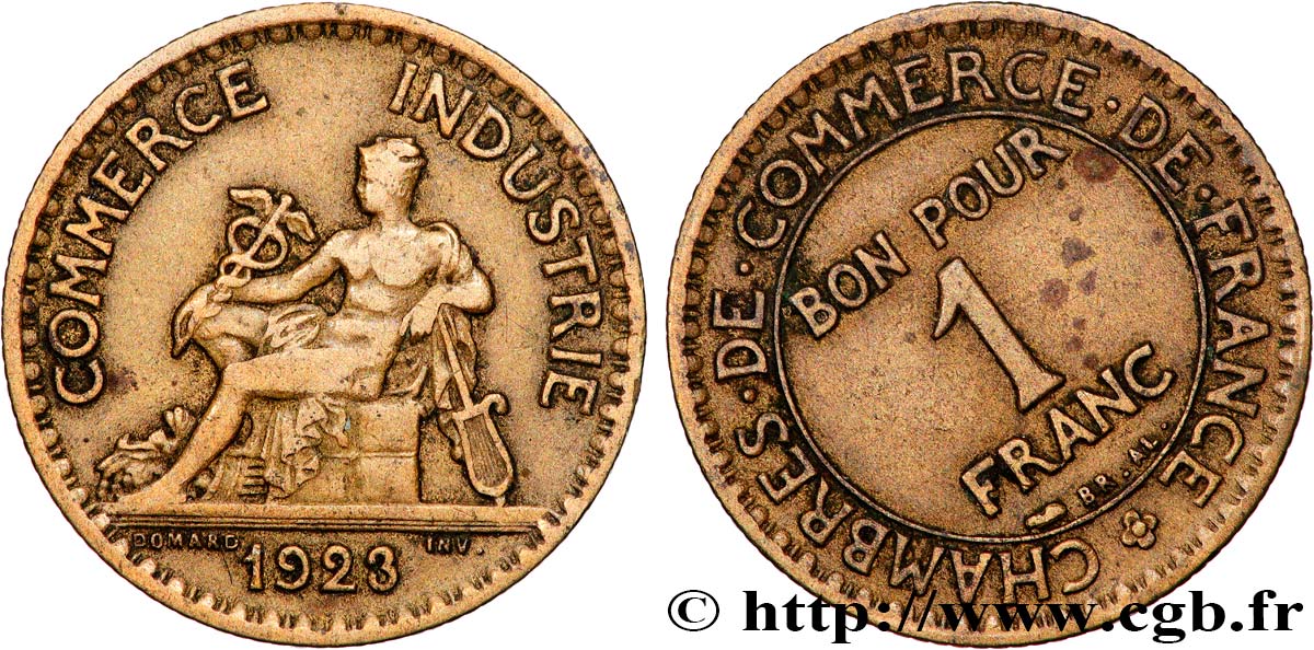 1 franc Chambres de Commerce, Fautée coins tournés -6 min/-36° 1923 Paris F.218/5 var. VF 