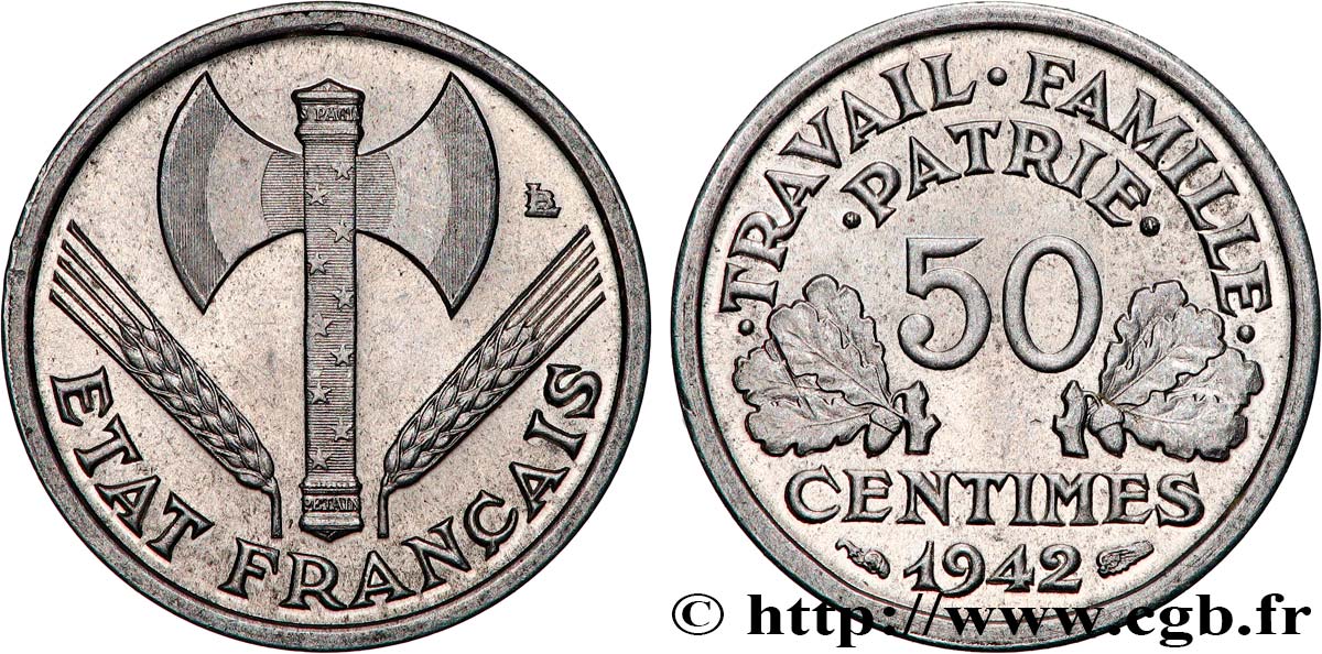 50 centimes Francisque, lourde, premiers exemplaires avec les CROIX 1942 Paris F.195/2 MS 