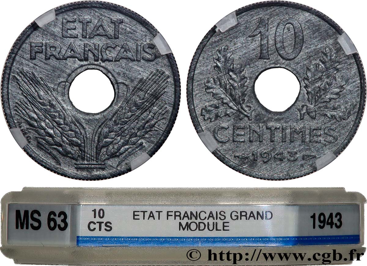 10 centimes État français, grand module 1943  F.141/5 SPL63 GENI