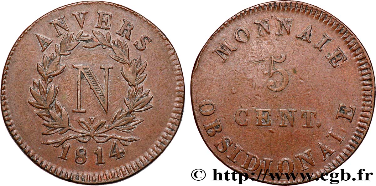 5 cent. Anvers à l’N, frappe de l’atelier de Wolschot 1814 Anvers F.115B/2 TB+ 