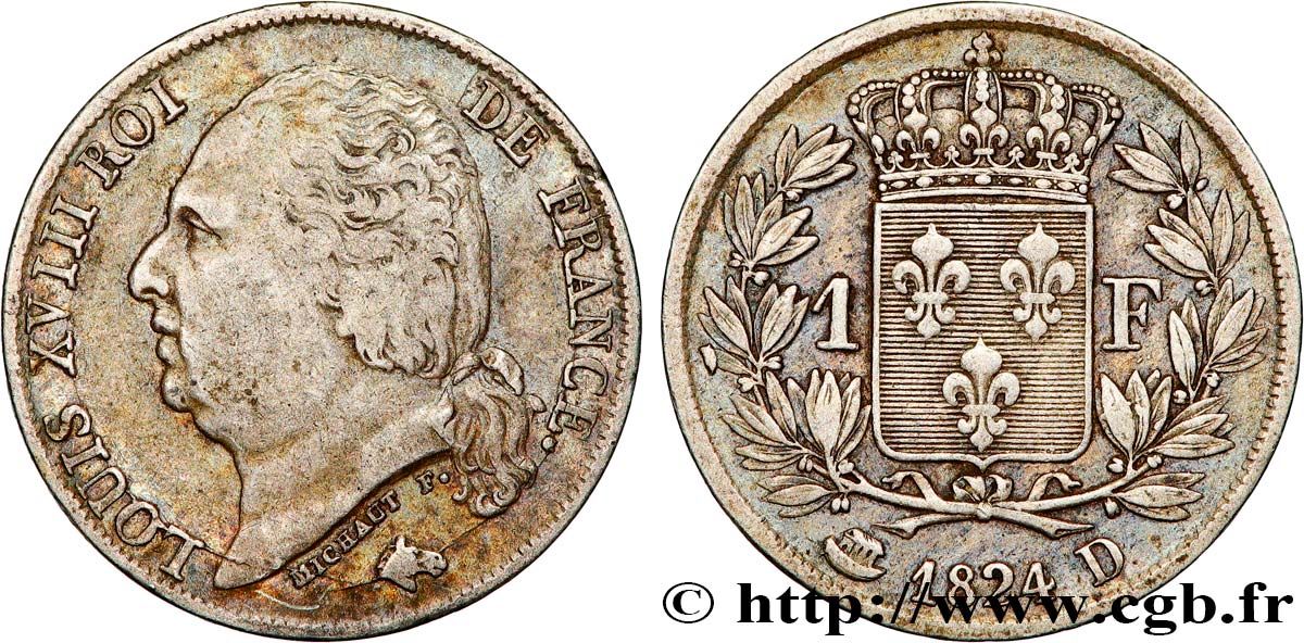 1 franc Louis XVIII 1824 Lyon F.206/58 MB35 