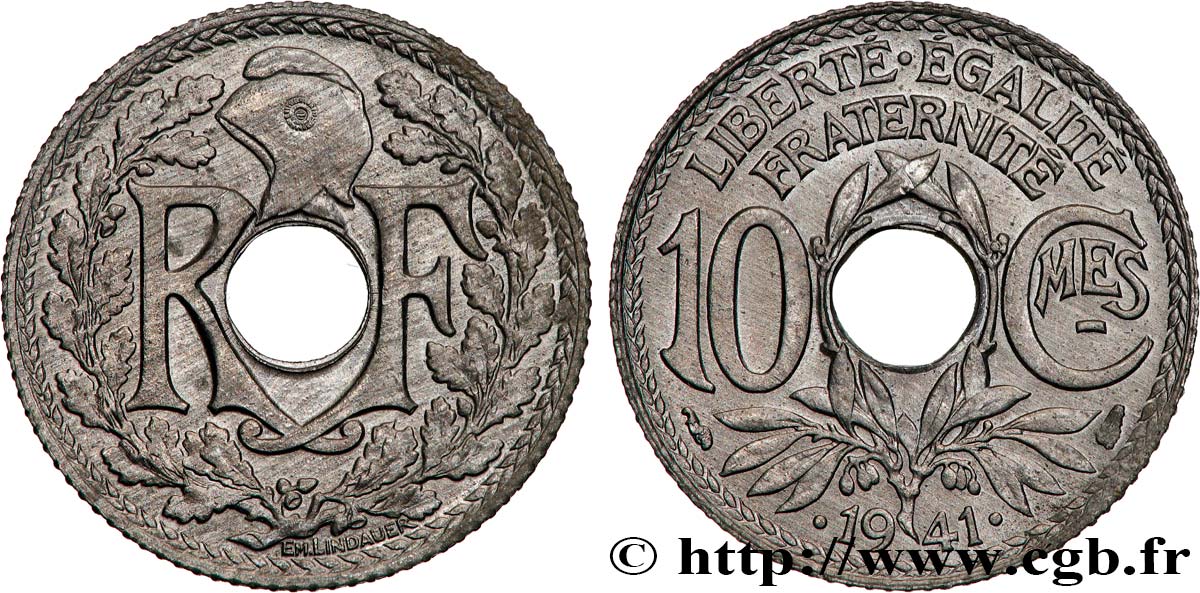 10 centimes Lindauer en zinc, Cmes souligné et millésime avec points 1941  F.140/2 SPL64 