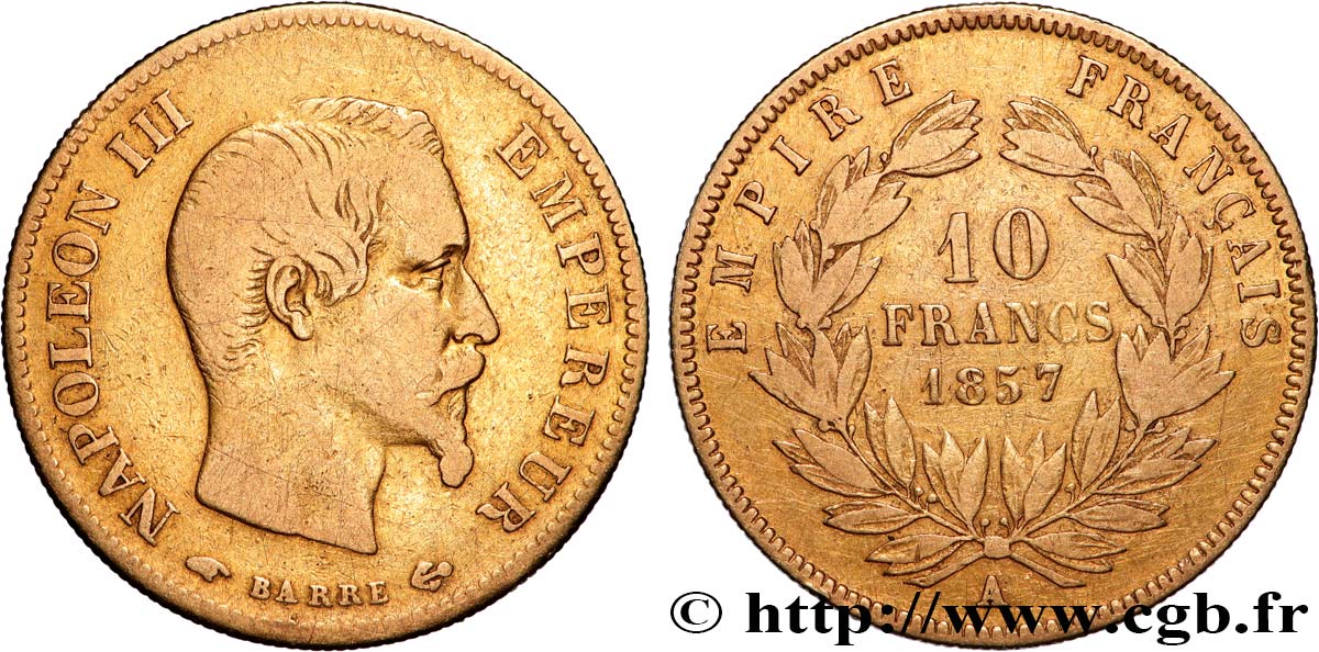 10 francs or Napoléon III, tête nue 1857 Paris F.506/4 S 