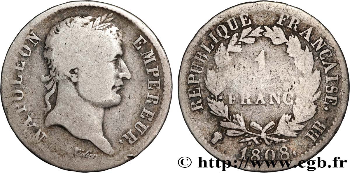 1 franc Napoléon Ier tête laurée, République française 1808 Strasbourg F.204/4 B+ 
