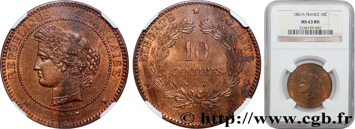 10 centimes Cérès 1887 Paris F.135/31 SC63 NGC