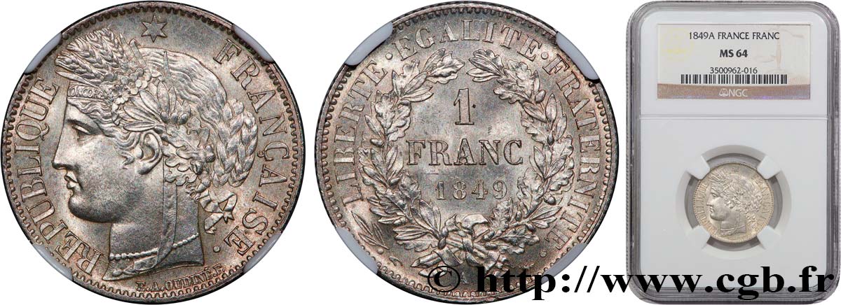 1 franc Cérès, IIe République 1849 Paris F.211/1 MS64 NGC