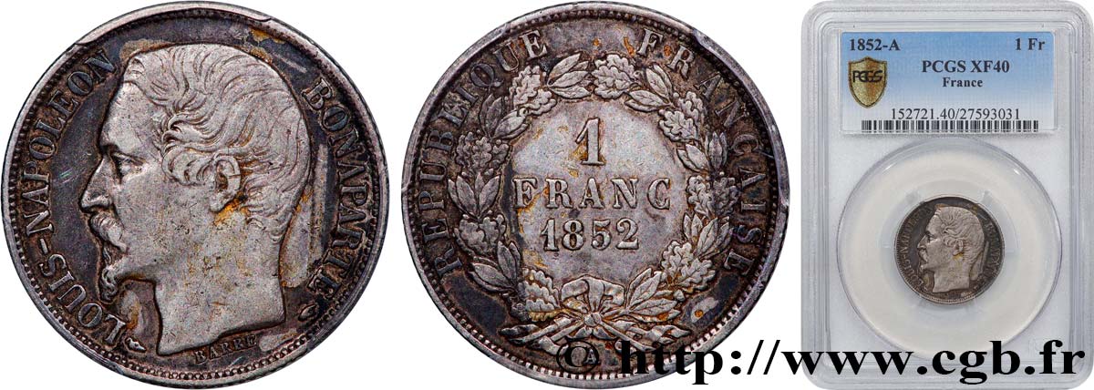 1 franc Louis-Napoléon 1852 Paris F.212/1 SS40 PCGS