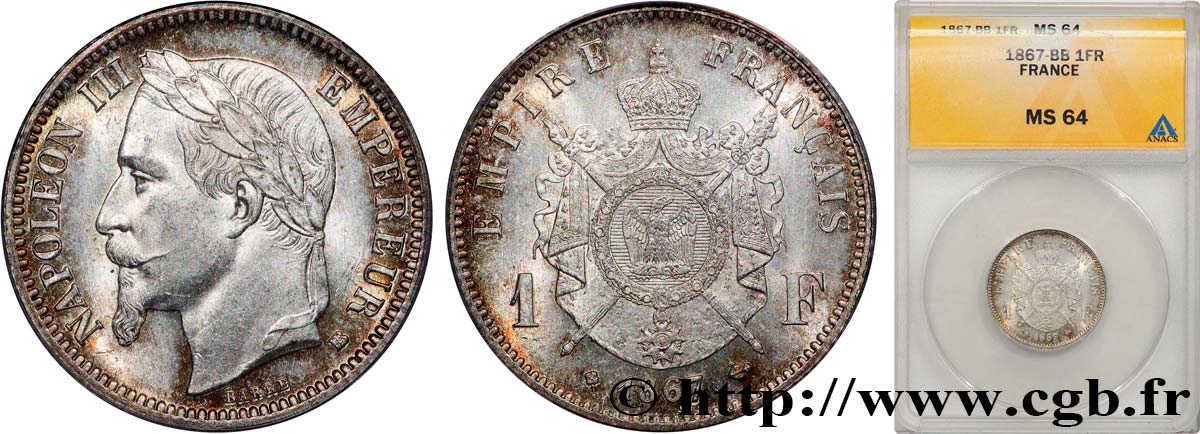 1 franc Napoléon III, tête laurée 1867 Strasbourg F.215/7 SPL64 ANACS