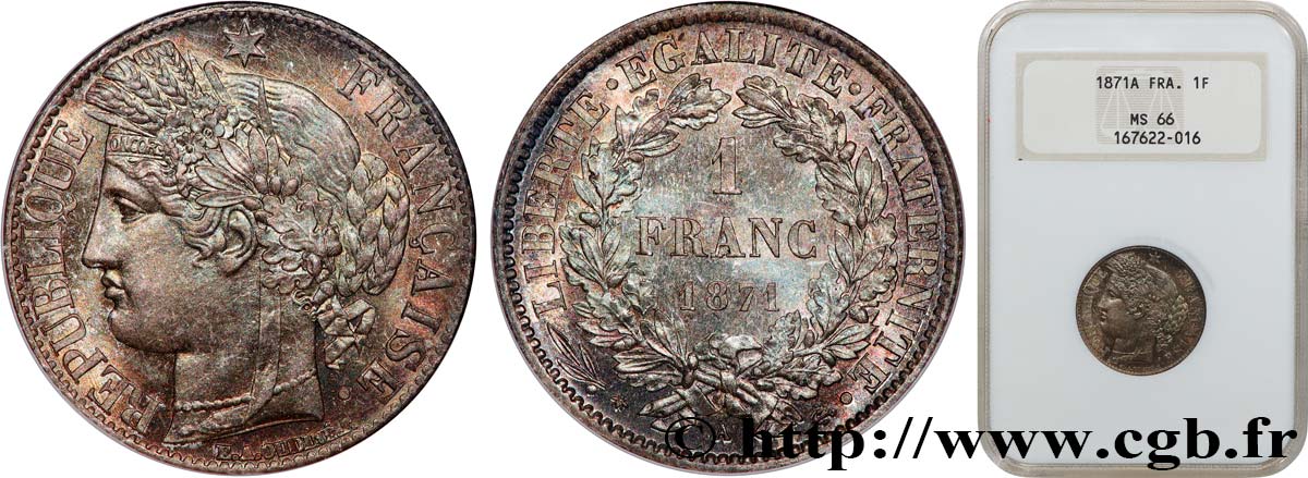 1 franc Cérès, Troisième République, petit A 1871 Paris F.216/2 ST66 NGC