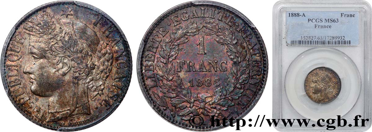 1 franc Cérès, IIIe République 1888 Paris F.216/10 fST63 PCGS