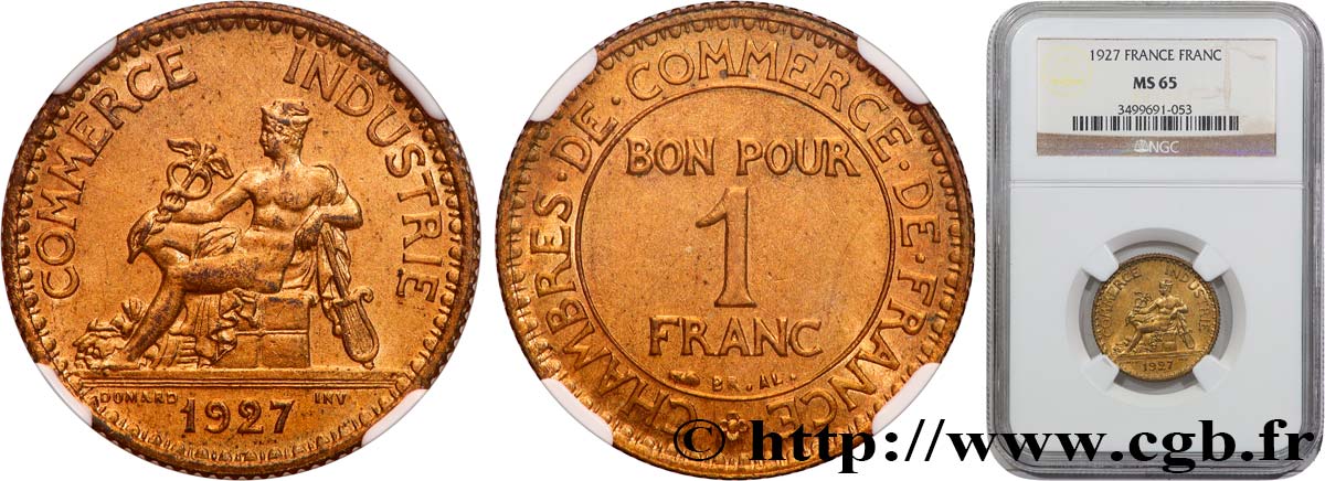 1 franc Chambres de Commerce 1927 Paris F.218/9 FDC65 NGC