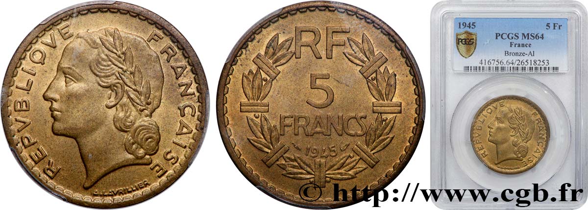 5 francs Lavrillier, bronze-aluminium 1945  F.337/5 SC64 PCGS