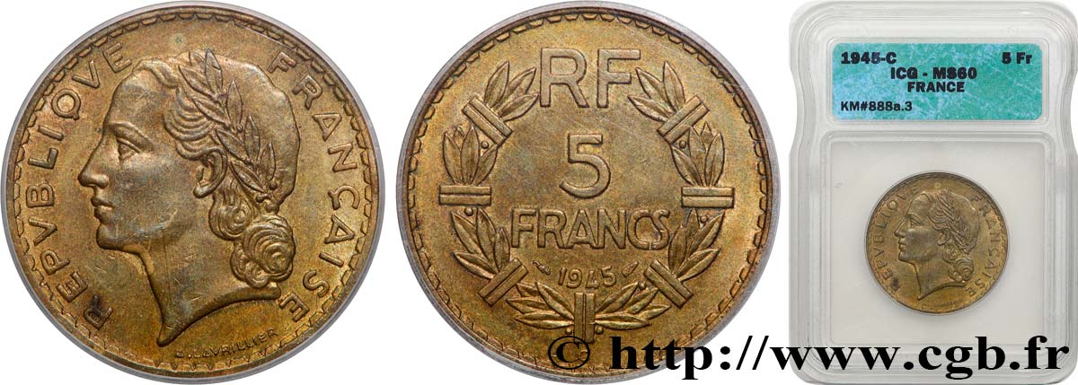 5 francs Lavrillier, bronze-aluminium 1945 Castelsarrasin F.337/6 EBC60 autre