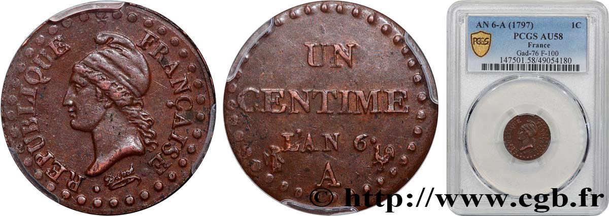 Un centime Dupré 1798 Paris F.100/13 EBC58 PCGS