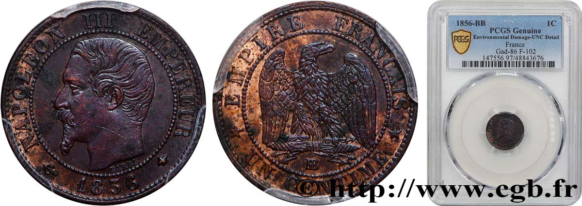 Un centime Napoléon III, tête nue 1856 Strasbourg F.102/28 MS PCGS