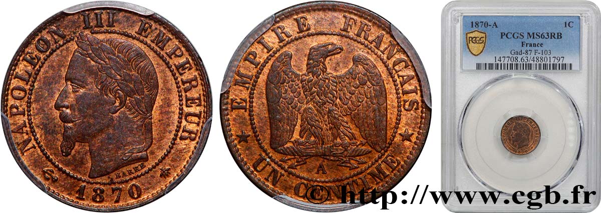 Un centime Napoléon III, tête laurée 1870 Paris F.103/8 fST63 PCGS