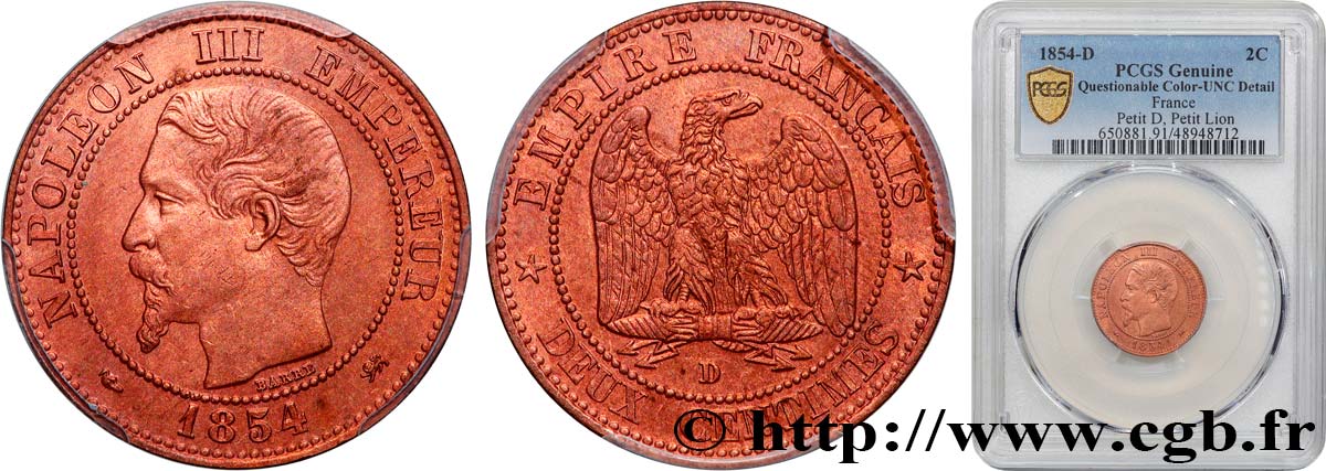 Deux centimes Napoléon III, tête nue 1854 Lyon F.107/15 EBC+ PCGS