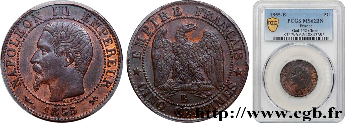 Cinq centimes Napoléon III, tête nue 1855 Rouen F.116/18 MS62 PCGS