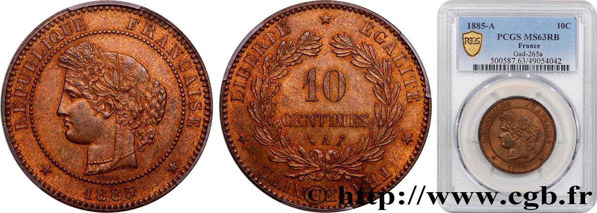 10 centimes Cérès 1885 Paris F.135/29 SPL63 PCGS