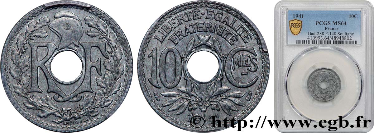 10 centimes Lindauer en zinc, Cmes souligné et millésime sans points 1941  F.140/1 fST64 PCGS