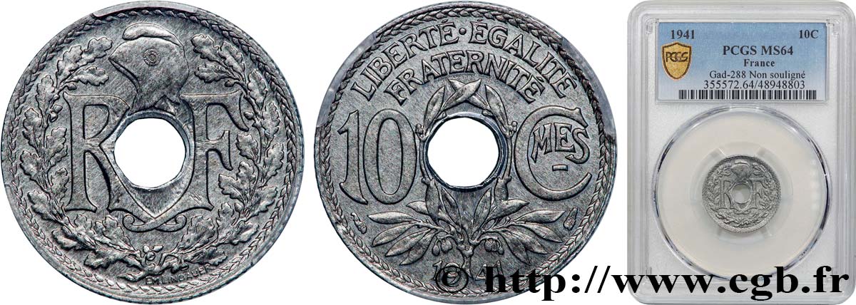 10 centimes Lindauer en zinc, Cmes souligné et millésime sans points 1941  F.140/1 SC64 PCGS