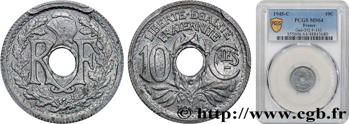 10 centimes Lindauer, petit module 1945 Castelsarrasin F.143/4 SPL64 PCGS
