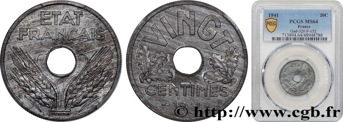 VINGT centimes État français 1941  F.152/2 MS64 PCGS