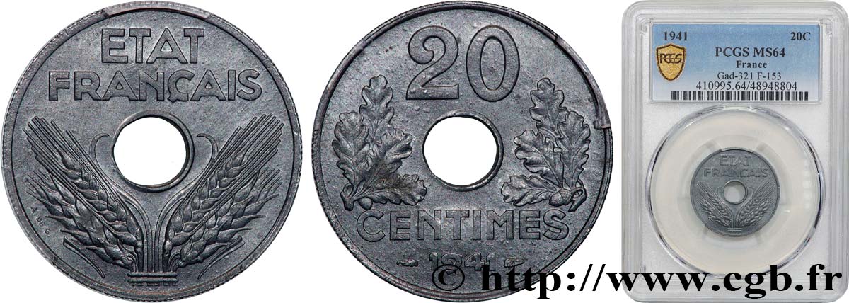 20 centimes État français, lourde 1941  F.153/2 fST64 PCGS