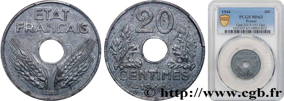 20 centimes État français, légère 1944  F.153A/2 fST63 PCGS