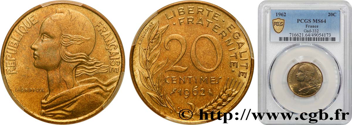 20 centimes Marianne 1962 Paris F.156/2 MS64 PCGS