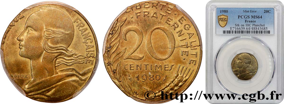 20 centimes Marianne, frappe fautée sur flan de 10 centimes Marianne 1980 Pessac F.156/20 var. SC64 PCGS