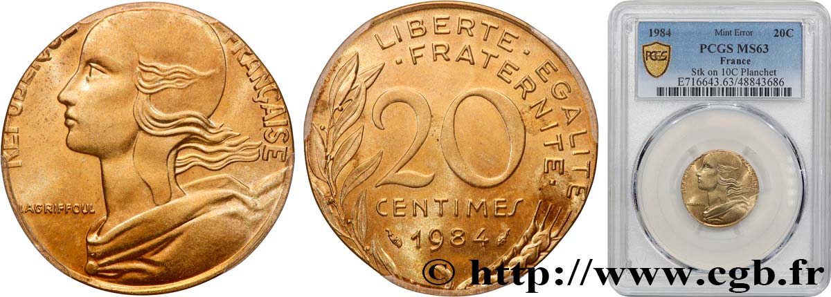 20 centimes Marianne, frappe fautée sur flan de 10 centimes Marianne 1984 Pessac F.156/24 var. fST63 PCGS