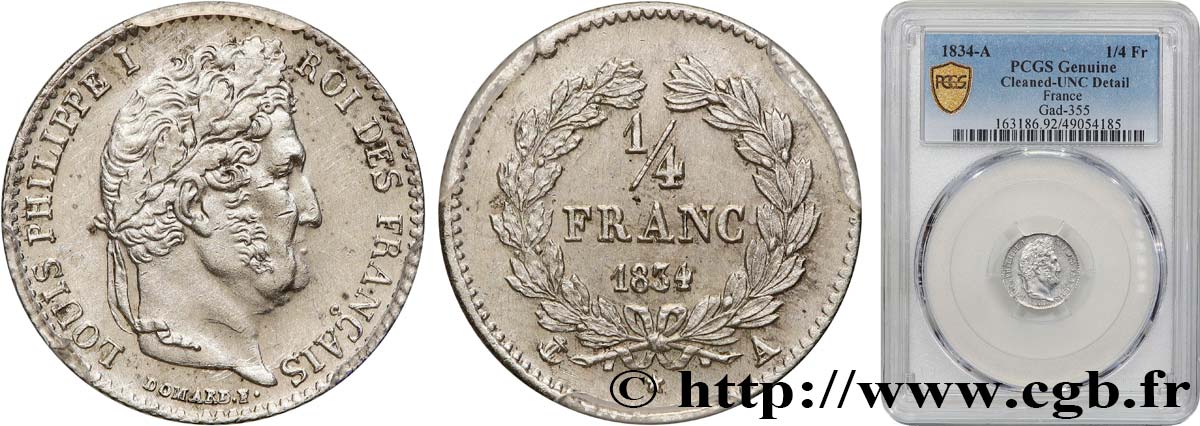 1/4 franc Louis-Philippe 1834 Paris F.166/37 MS PCGS