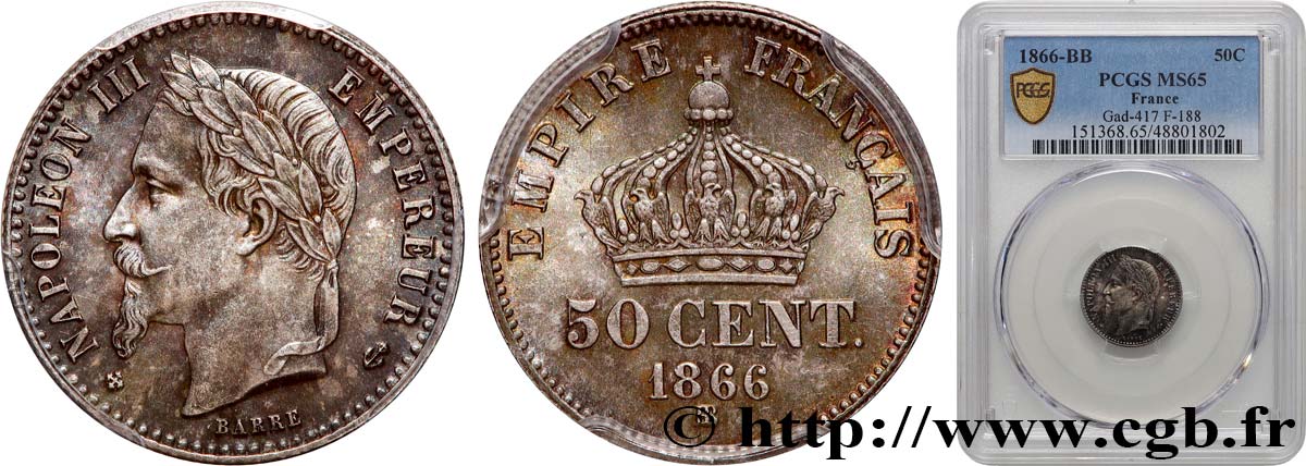 50 centimes Napoléon III, tête laurée 1866 Strasbourg F.188/10 MS65 PCGS