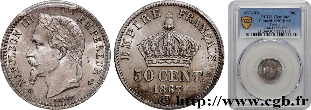 50 centimes Napoléon III, tête laurée 1867 Strasbourg F.188/15 SUP+ PCGS