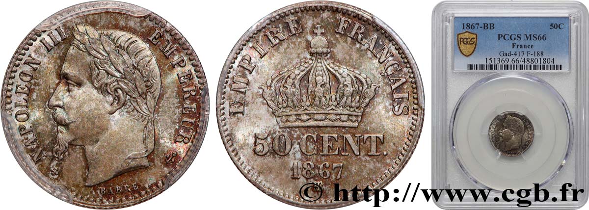 50 centimes Napoléon III, tête laurée 1867 Strasbourg F.188/15 ST66 PCGS