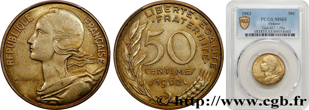 50 centimes Marianne, col à trois plis 1962 Paris F.197/2 fST63 PCGS