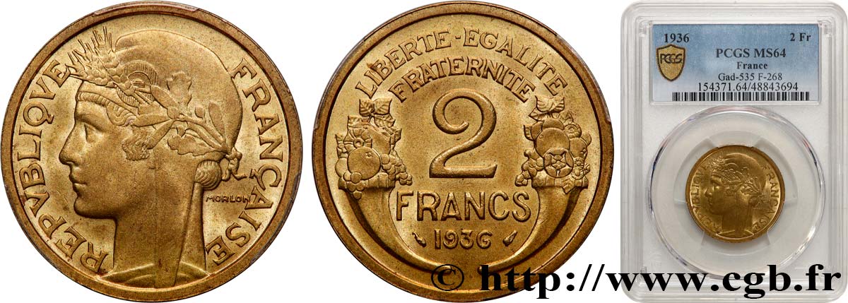 2 francs Morlon 1936  F.268/9 MS64 PCGS