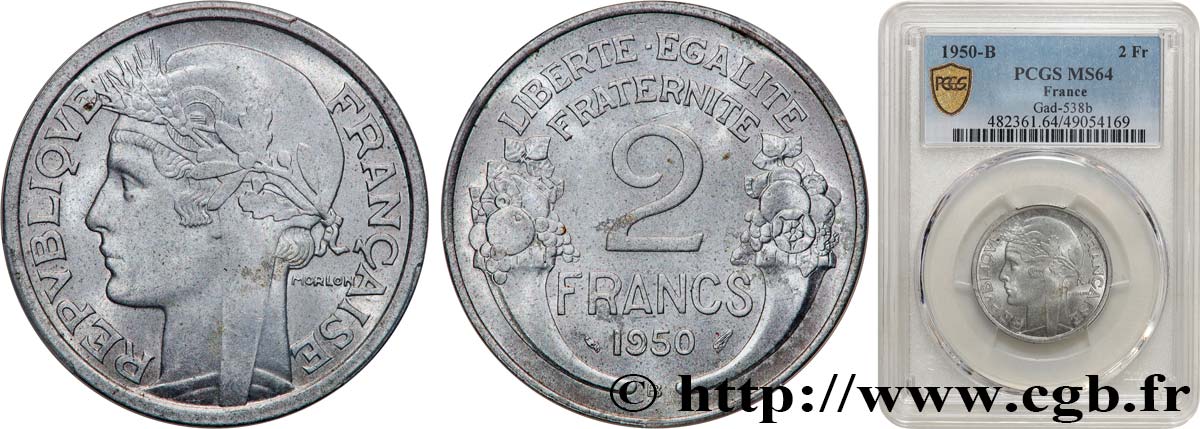 2 francs Morlon, aluminium 1950 Beaumont-Le-Roger F.269/17 SC64 PCGS