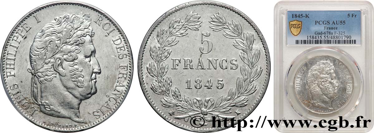 5 francs IIIe type Domard 1845 Bordeaux F.325/8 SPL55 PCGS