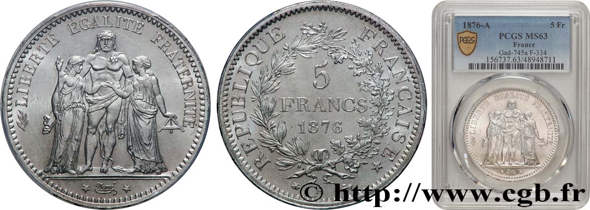 5 francs Hercule 1876 Paris F.334/17 SC63 PCGS