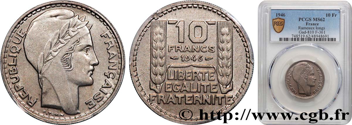 10 francs Turin, grosse tête, rameaux longs 1946 Paris F.361/3 SUP62 PCGS