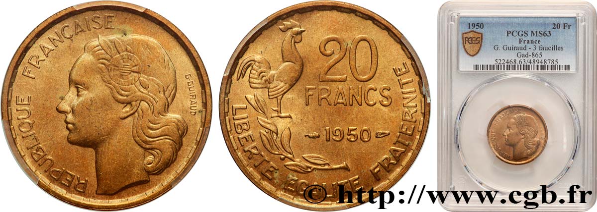 20 francs G. Guiraud, 3 faucilles 1950  F.402/2 SC63 PCGS