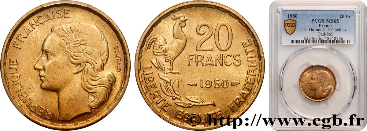 20 francs G. Guiraud, 3 faucilles 1950  F.402/2 FDC65 PCGS