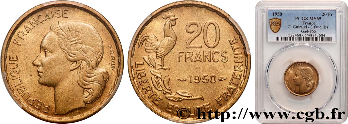 20 francs G. Guiraud, 3 faucilles 1950  F.402/2 MS65 PCGS