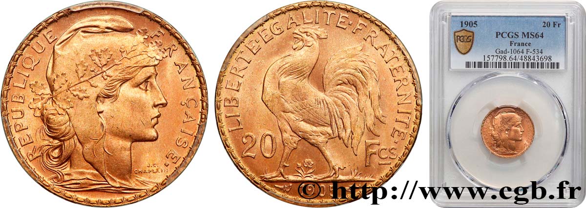 20 francs or Coq, Dieu protège la France 1905 Paris F.534/10 SPL64 PCGS